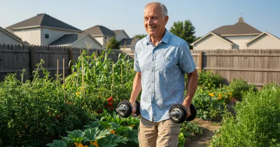 senior man carrying dumbbells in a garden