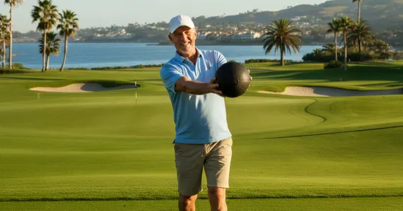 man doing medicine ball throws on the golf course