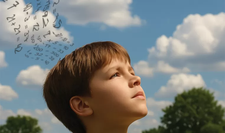 a child looking up to the sky with math equations floating out of his head