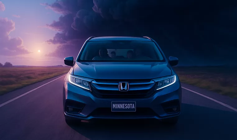 A mini van driving into a storm