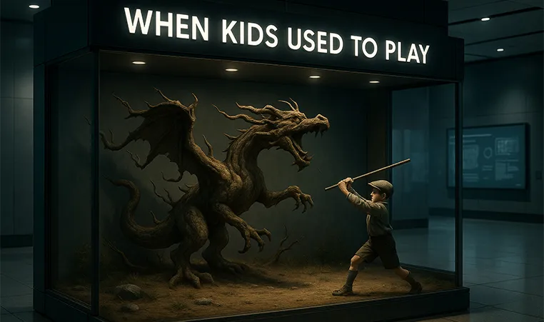 a museum exhibit of a child slaying an imaginary dragon