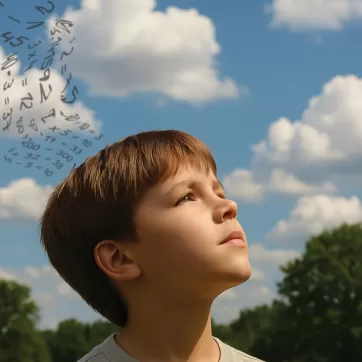 a child looking up to the sky with math equations floating out of his head