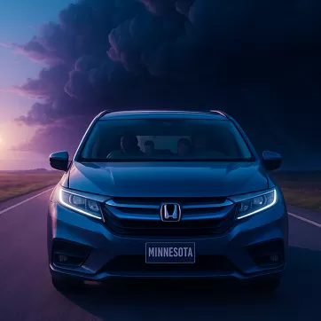A mini van driving into a storm