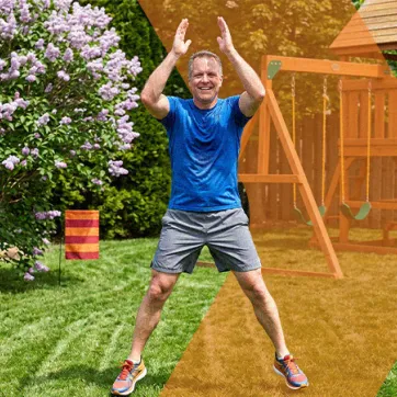 man doing jumping jacks in his backyard
